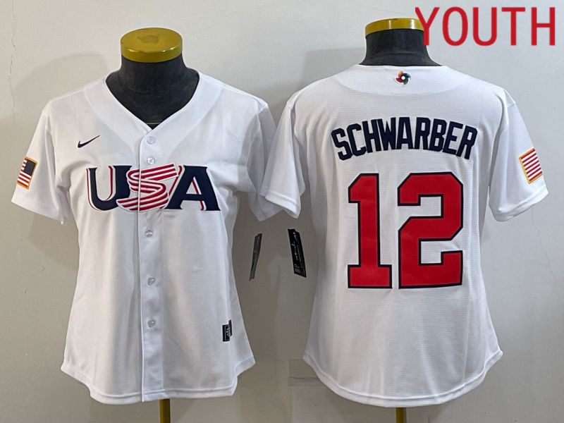 Youth 2023 World Cub USA #12 Schwarber White MLB Jersey7->youth mlb jersey->Youth Jersey